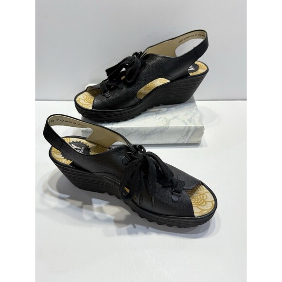 Fly London Ylfa Slingback Wedge Black Leather Lace Tie Women Sandals Sz 9 EU 40 - Picture 2 of 13